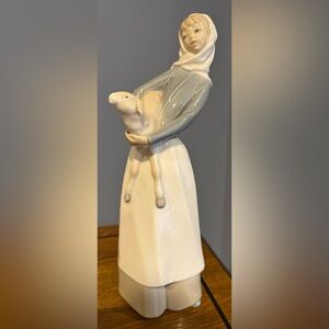 Lladro Ceramic Woman with Lamb in Cream and Blue